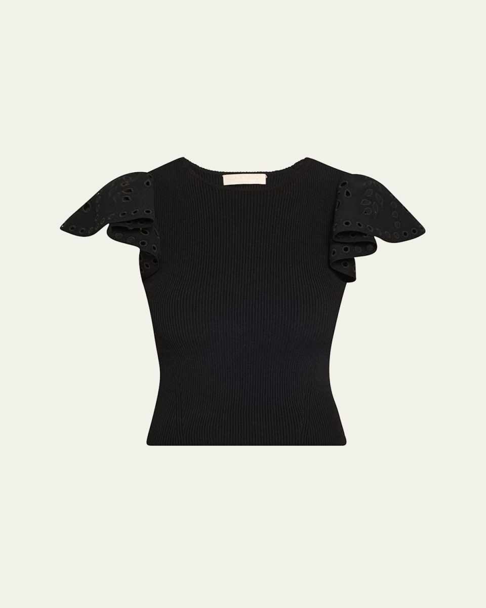 Edith Knit Ruffle-Sleeve Top